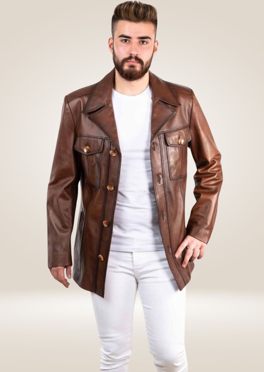 Blazer en cuir véritable et peau de mouton pour homme avec col à revers