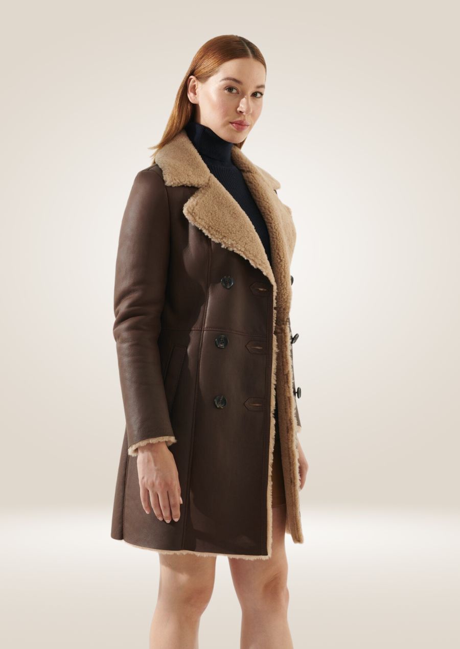 Women's Long Brown Leather Shearling Coat