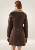 back side of Women's Long Brown Leather Shearling Coat