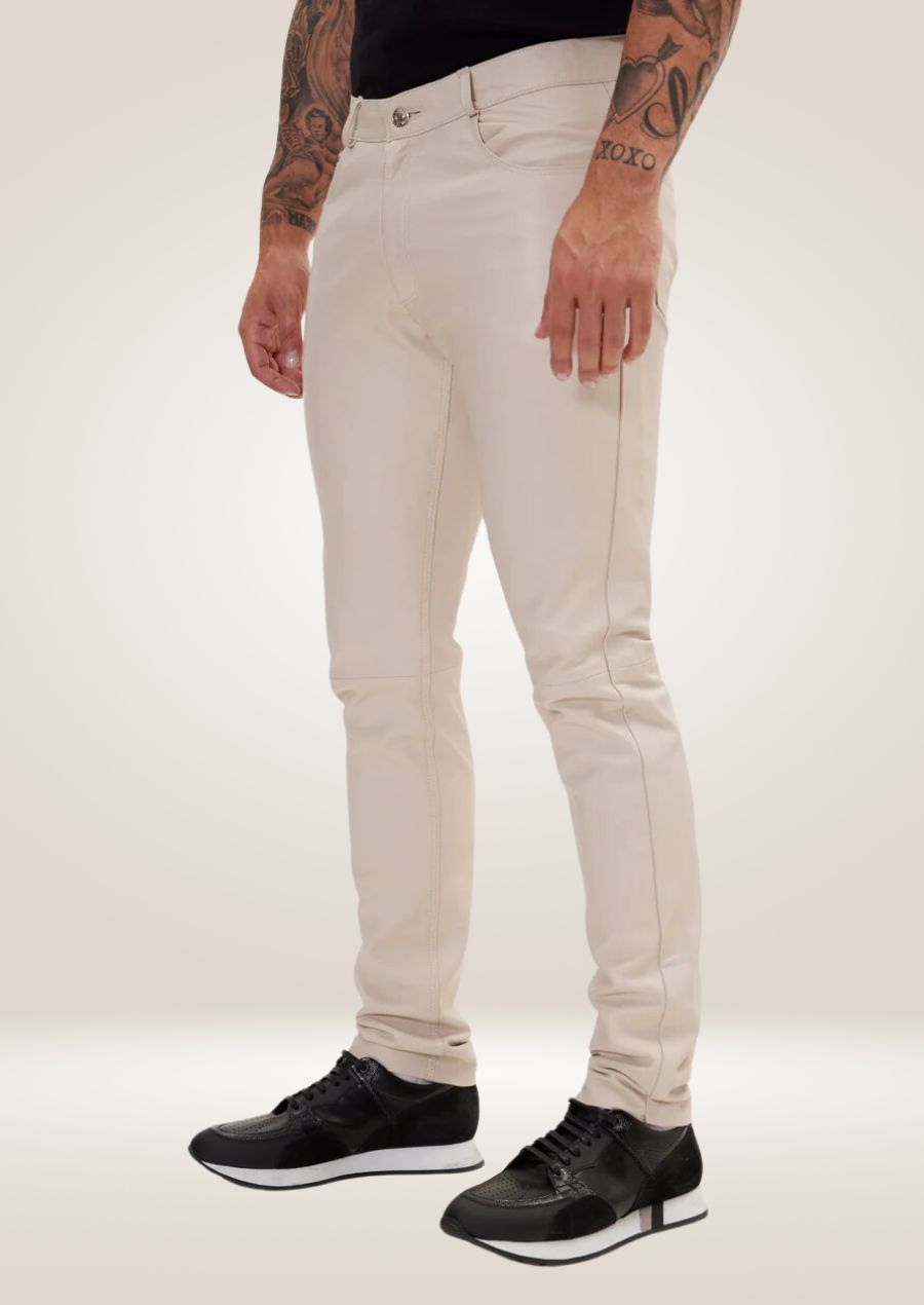 Pantalon en cuir beige pour homme – Style neutre classique