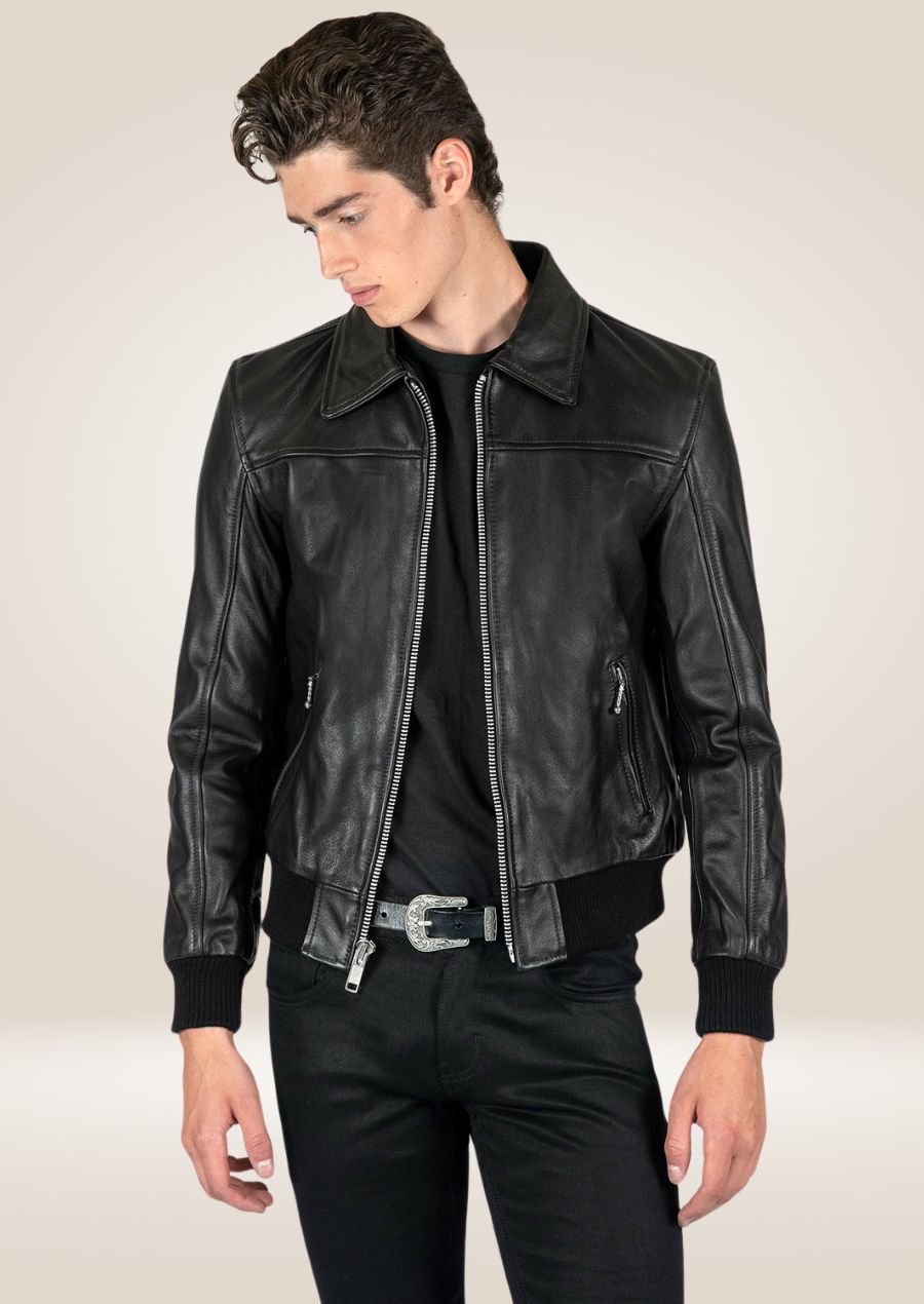 Veste en cuir noir pour homme – Modèle classique à fermeture éclair