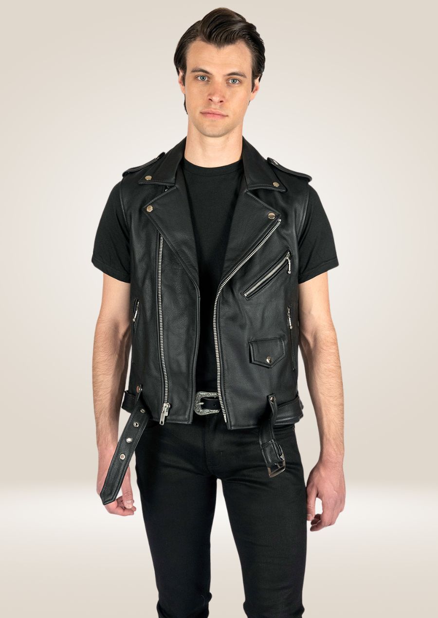 Gilet moto en cuir noir pour homme - Style motard élégant