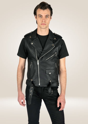 Gilet moto en cuir noir pour homme - Style motard élégant