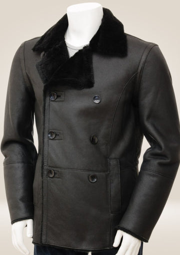 mens black leather pea coat