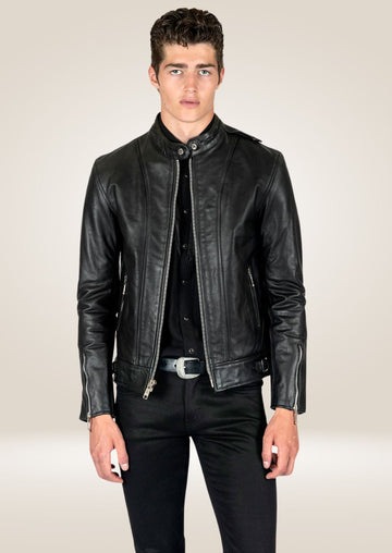 Veste en cuir noir à col montant pour homme - Sophisticated Edge