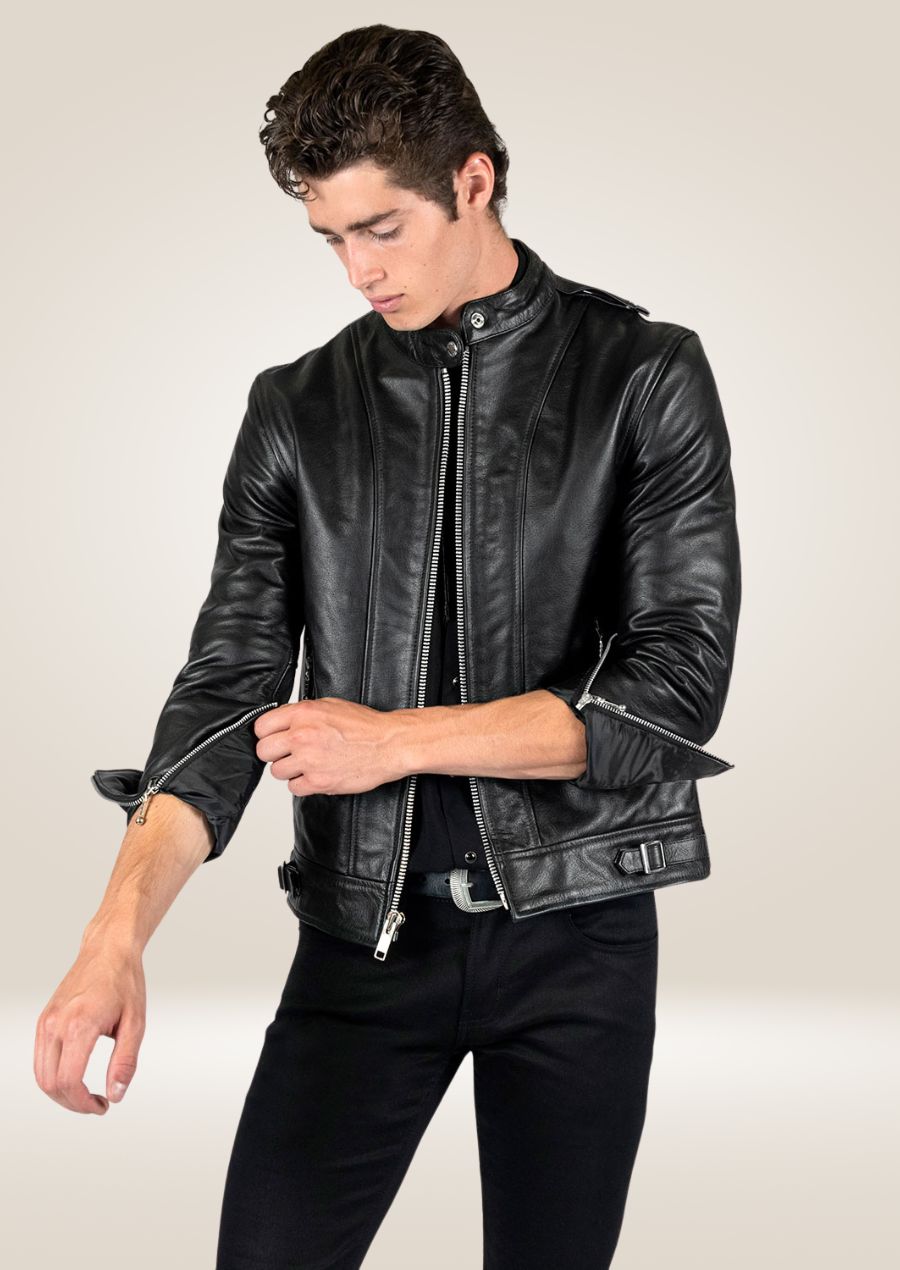 Veste en cuir noir à col montant pour homme - Sophisticated Edge