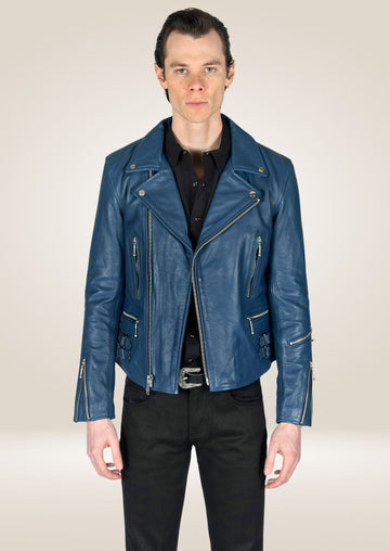 Veste en cuir bleu Perfecto pour homme - Style motard classique