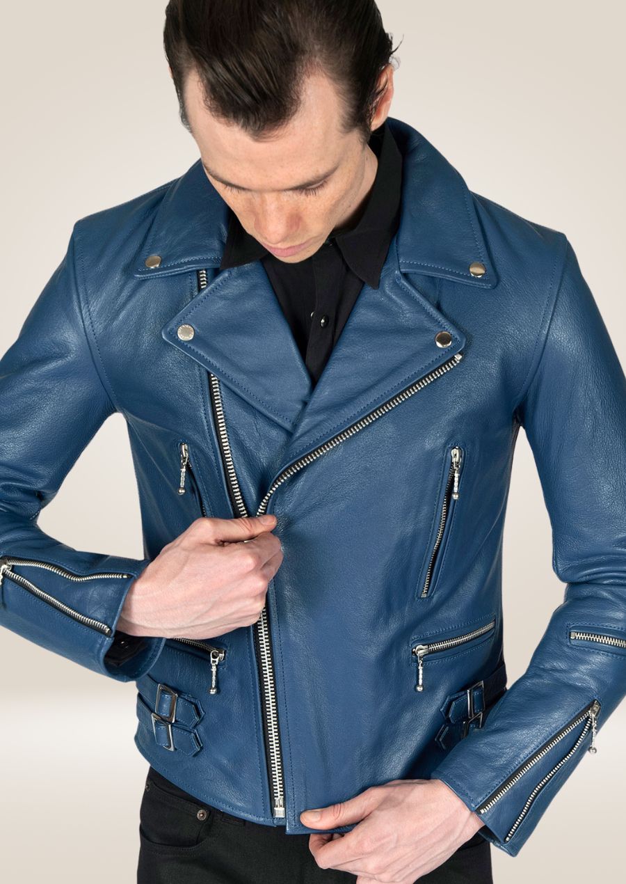 Veste en cuir bleu Perfecto pour homme - Style motard classique