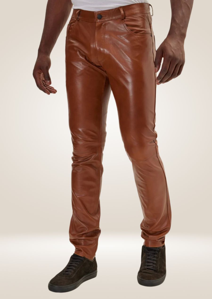 Pantalon en cuir d'agneau véritable marron pour homme - Confort luxueux