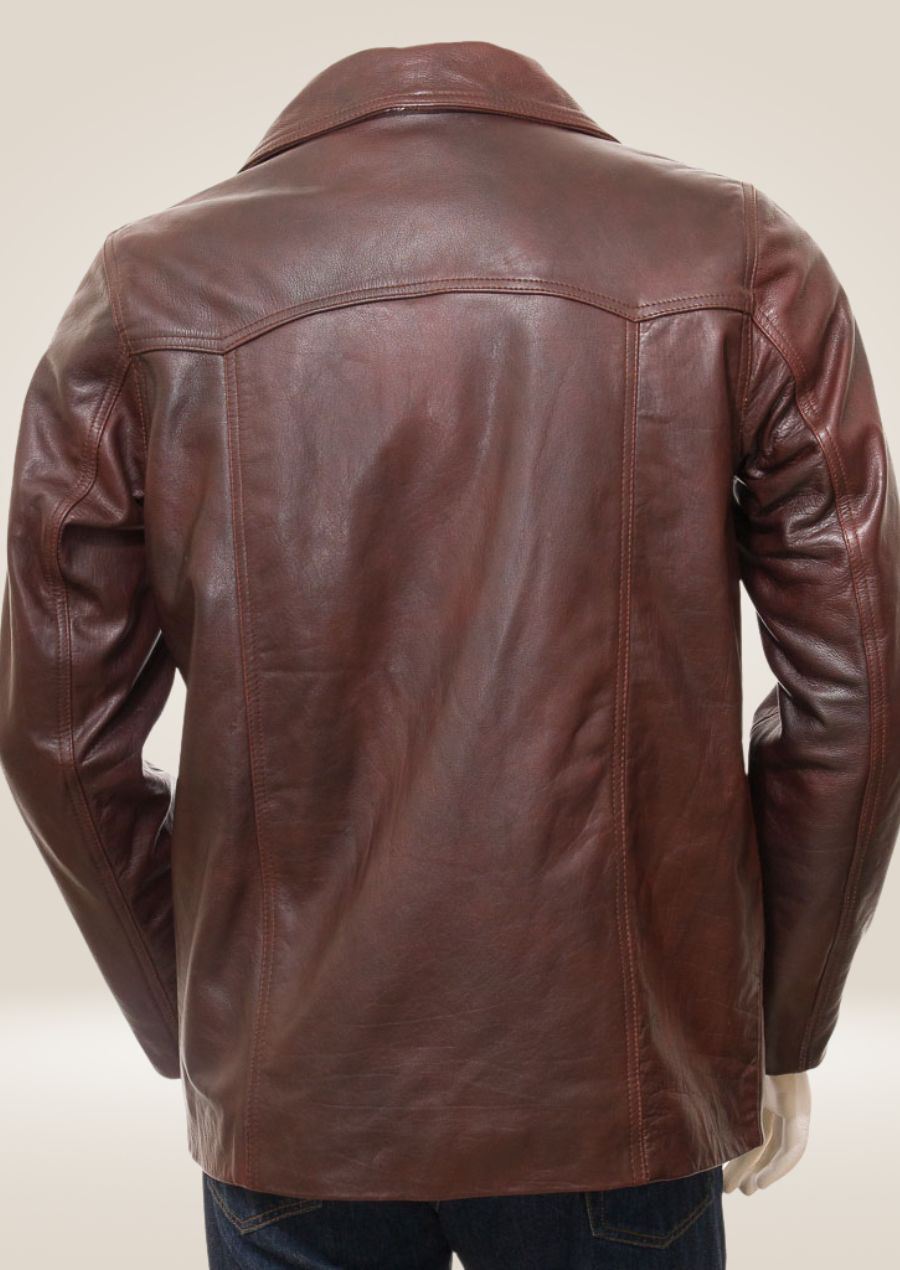 Backside of Men’s Brown Leather Car Coat