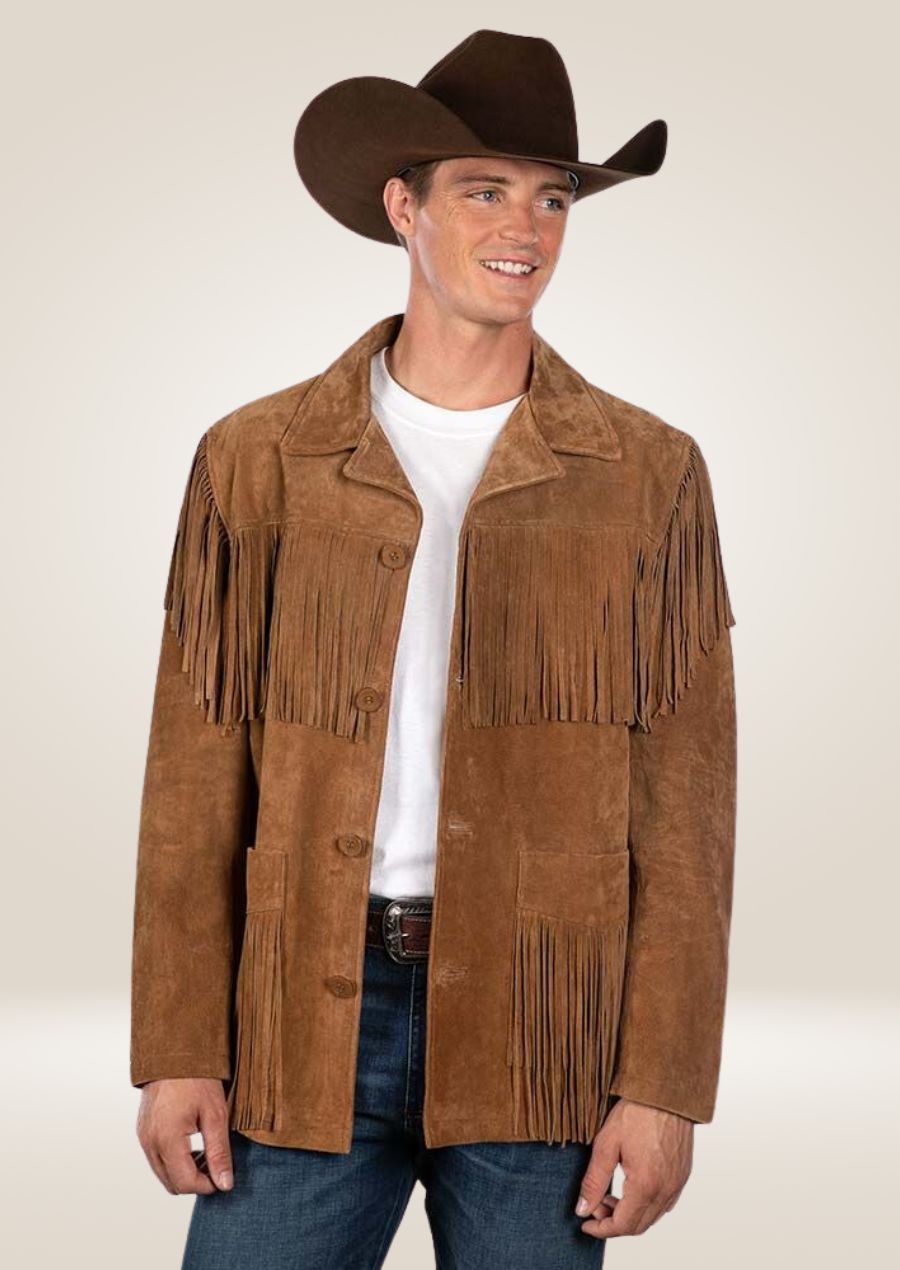 Veste à franges en daim marron pour homme - Style western classique