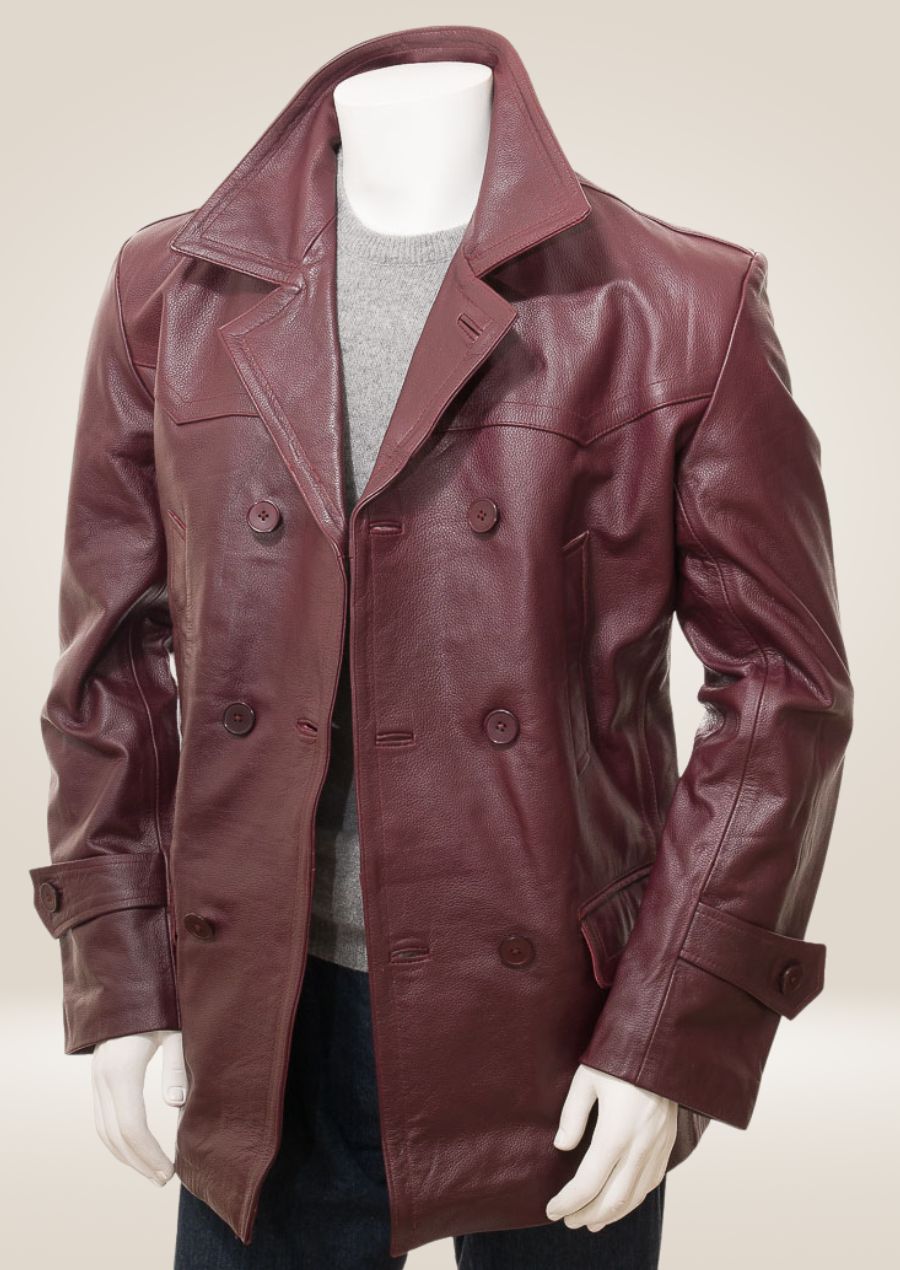 Men's burgundy pea coat with a classic double-breasted design, combining bold and timeless style.