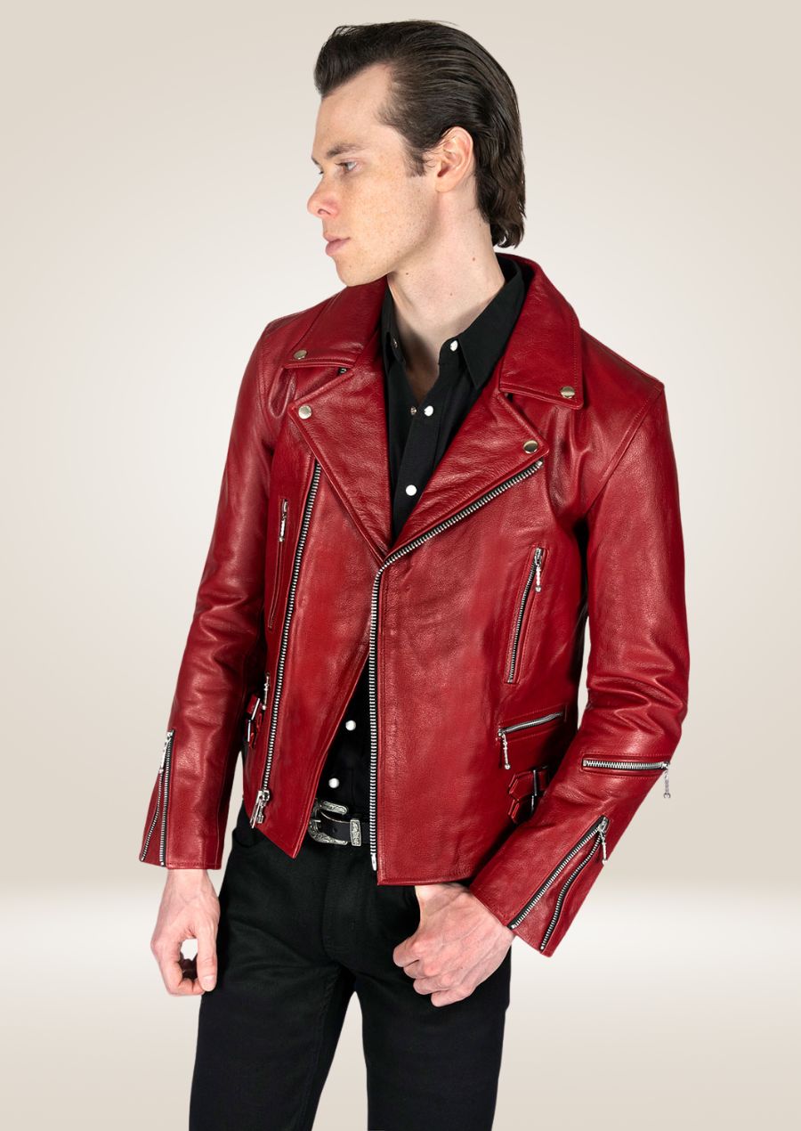 Veste en cuir Perfecto bordeaux pour homme - Style motard audacieux