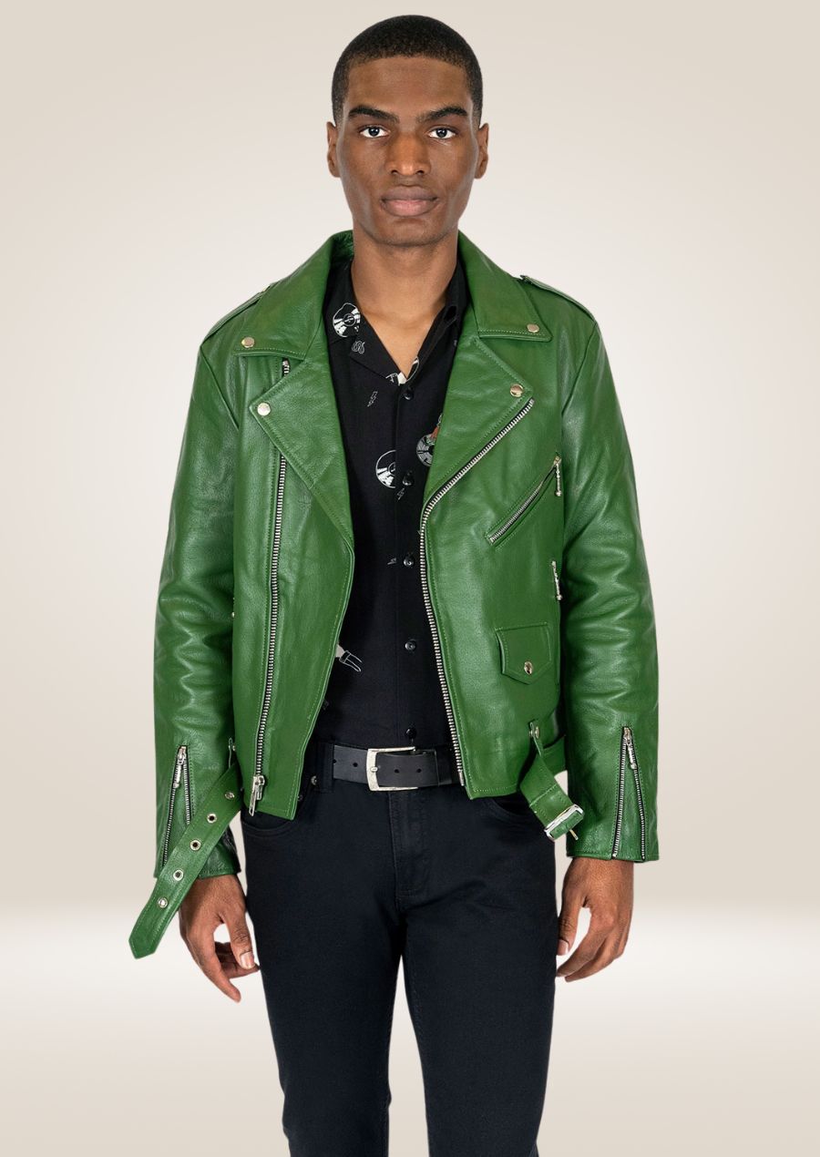 Veste en cuir vert cactus pour homme – Style motard audacieux