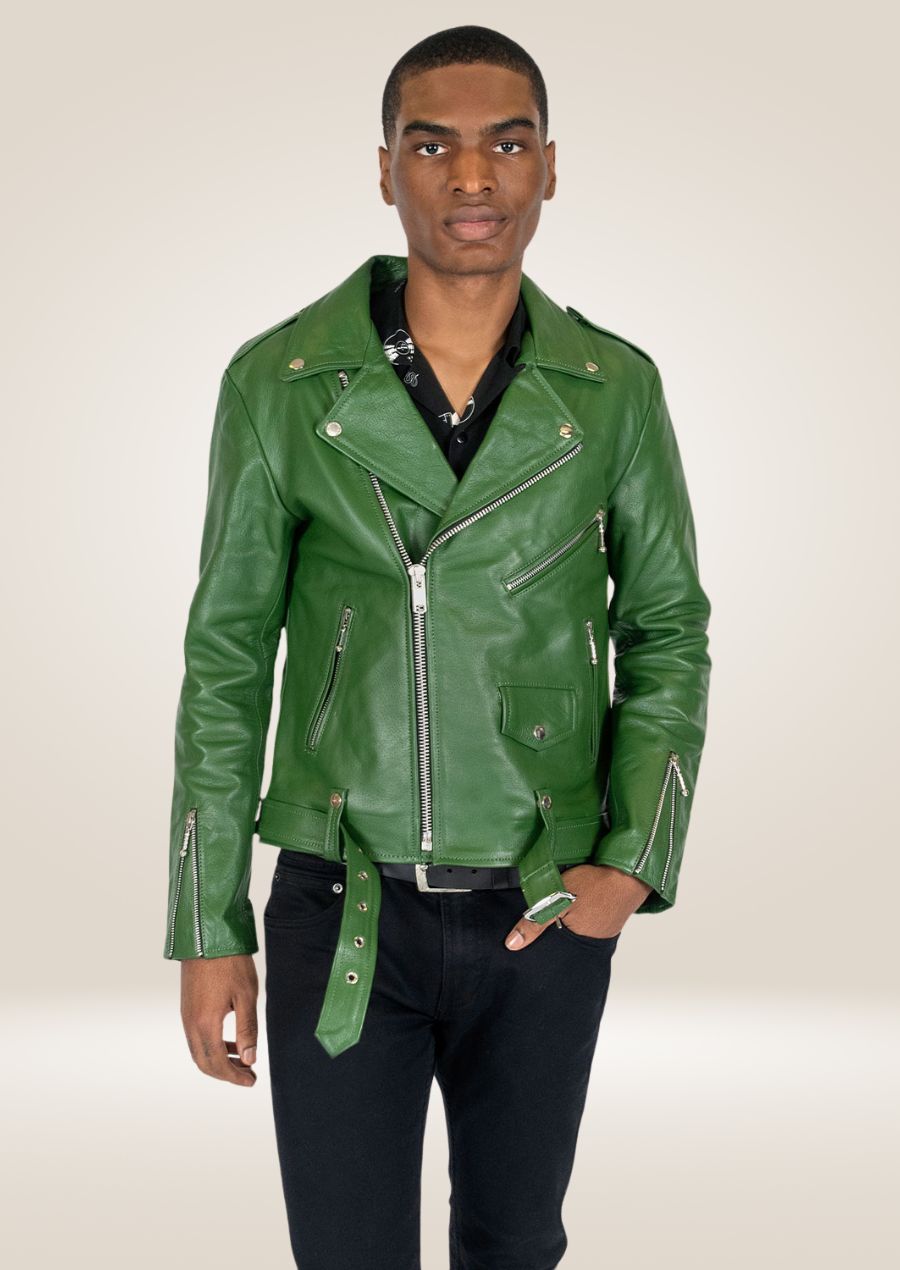 Veste en cuir vert cactus pour homme – Style motard audacieux