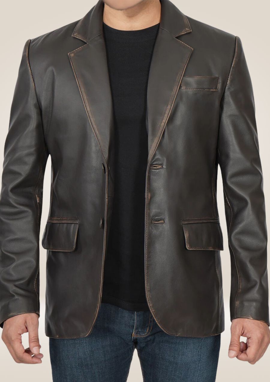 Men's dark brown distressed leather blazer with a rugged yet sophisticated design, offering a timeless look.