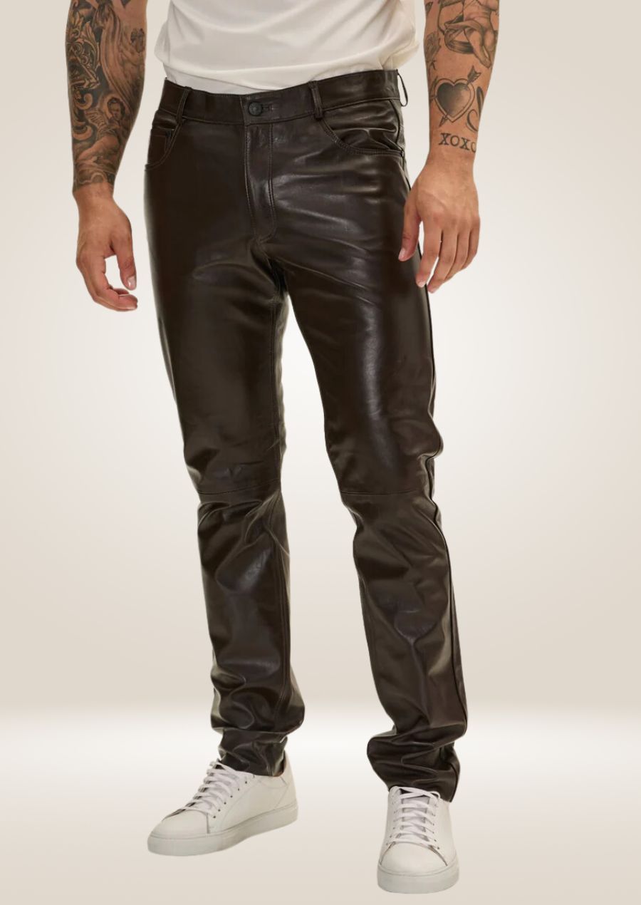 Pantalon en cuir marron foncé pour homme - Style robuste et intemporel