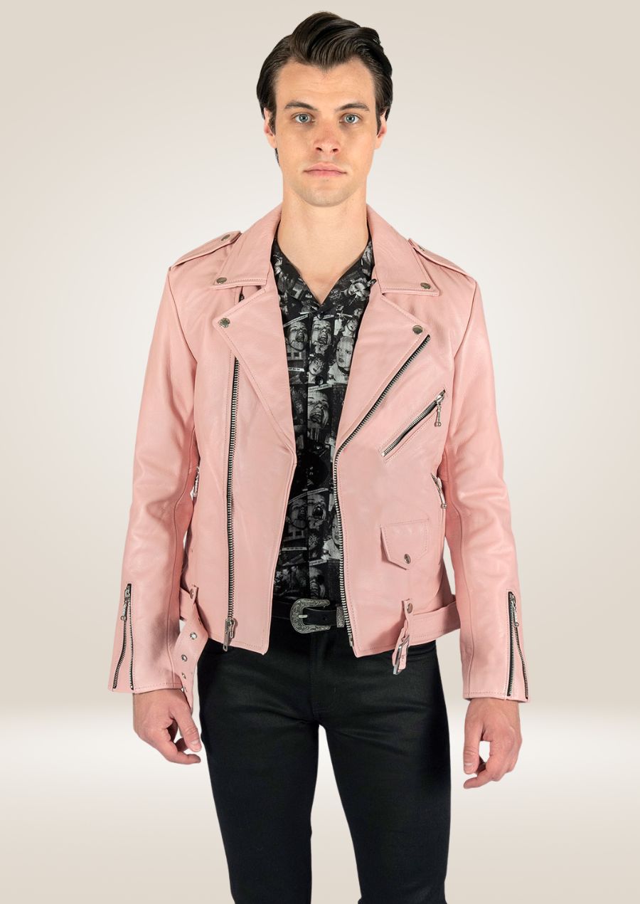 Veste motard en cuir rose poudré pour homme - Stylish Edge