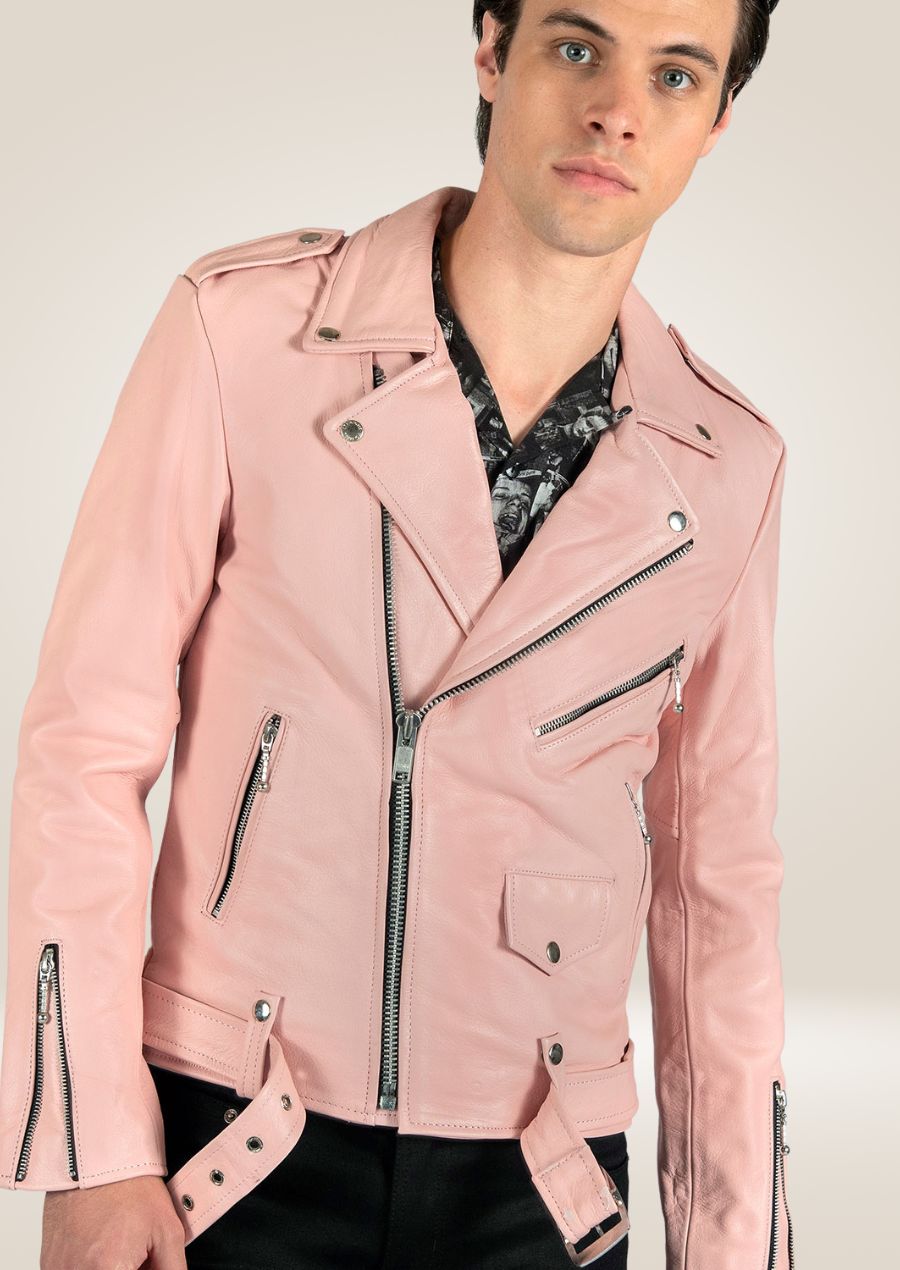 Veste motard en cuir rose poudré pour homme - Stylish Edge