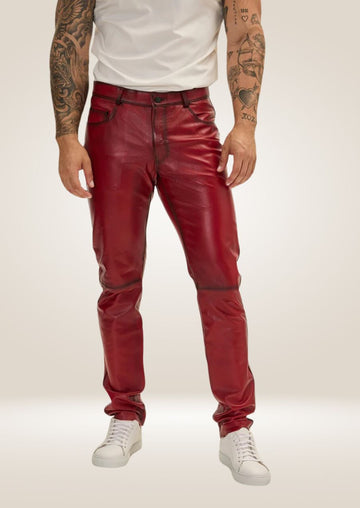 Pantalon en cuir vieilli rouge pour homme - Style robuste et audacieux