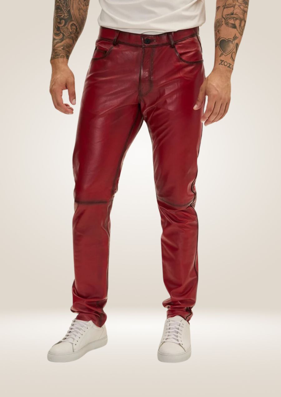 Pantalon en cuir vieilli rouge pour homme - Style robuste et audacieux