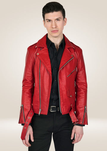 Veste Perfecto en cuir rouge pour homme - Modèle à fermeture éclair asymétrique