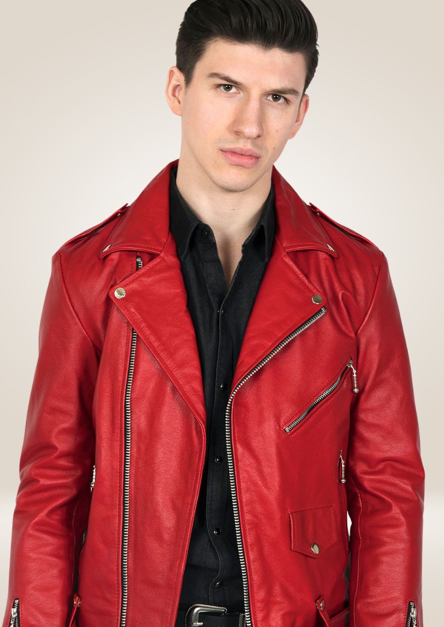 Veste Perfecto en cuir rouge pour homme - Modèle à fermeture éclair asymétrique