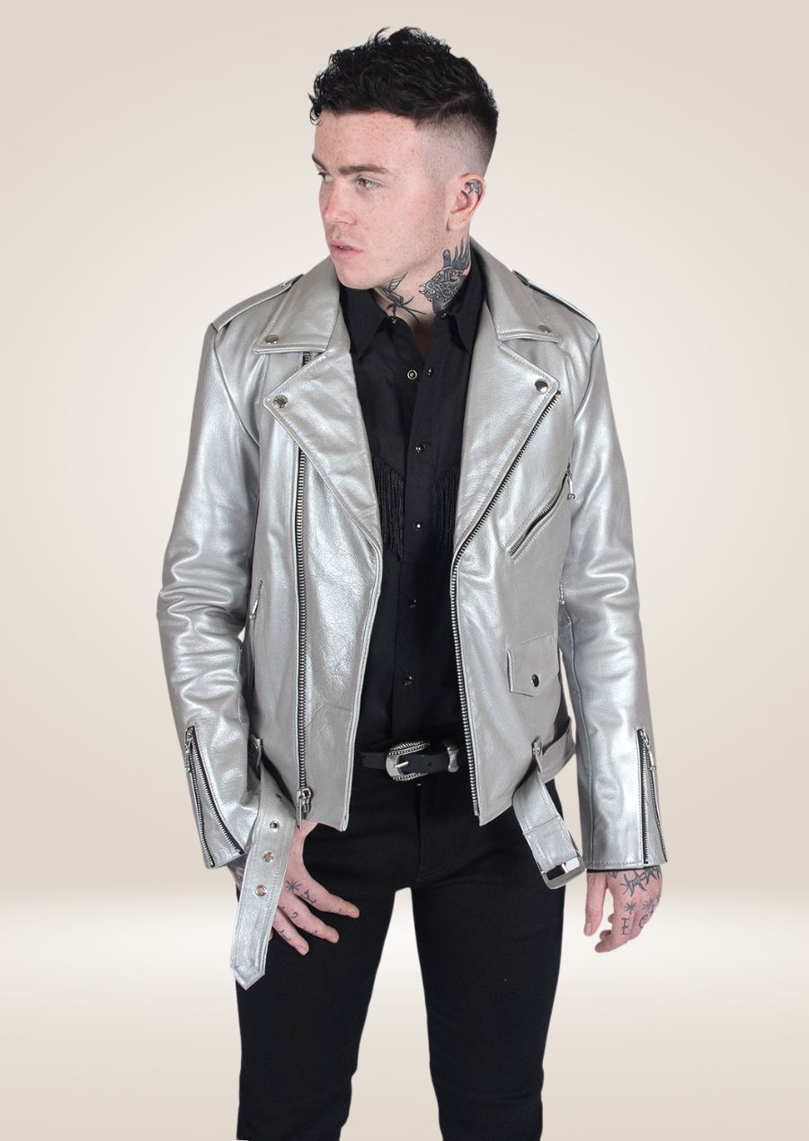 Veste en cuir argentée pour homme - Look motard élégant