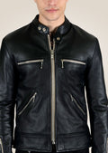 Fitted black leather jacket for men featuring four front zippered pockets and a stand collar with snap buttons