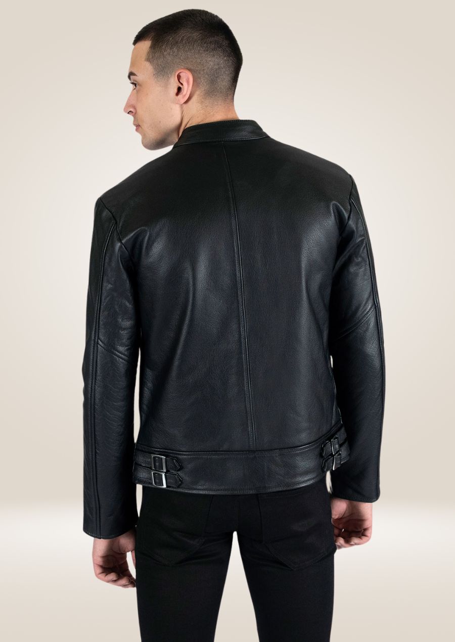 Stylish black leather jacket for men with zip-up closure, chest pockets, and a streamlined silhouette.