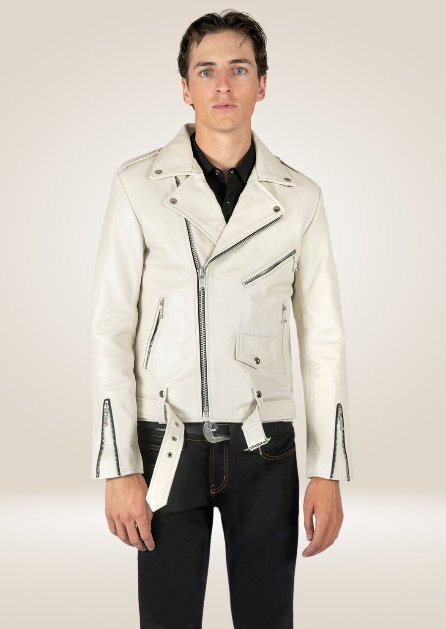 Veste de motard en cuir blanc pour homme - Style audacieux sur la route