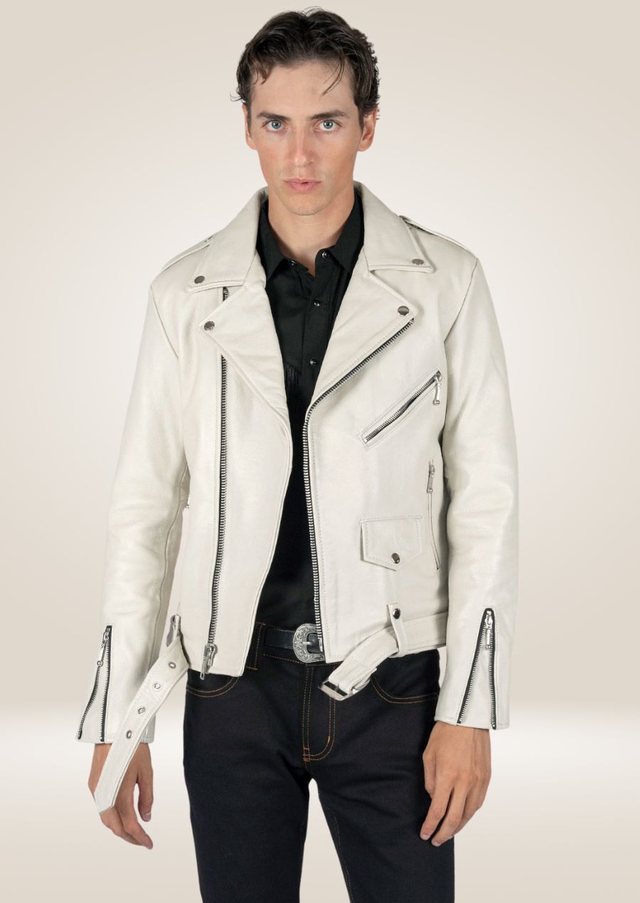 Veste de motard en cuir blanc pour homme - Style audacieux sur la route