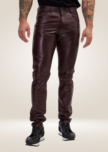 Pantalon en cuir bordeaux pour homme - Style riche et sophistiqué