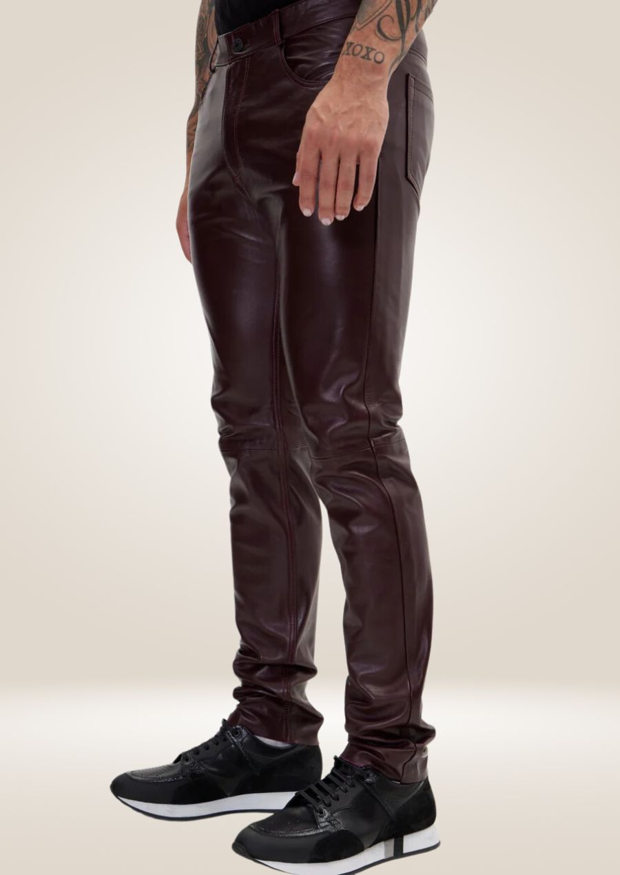 Pantalon en cuir bordeaux pour homme - Style riche et sophistiqué