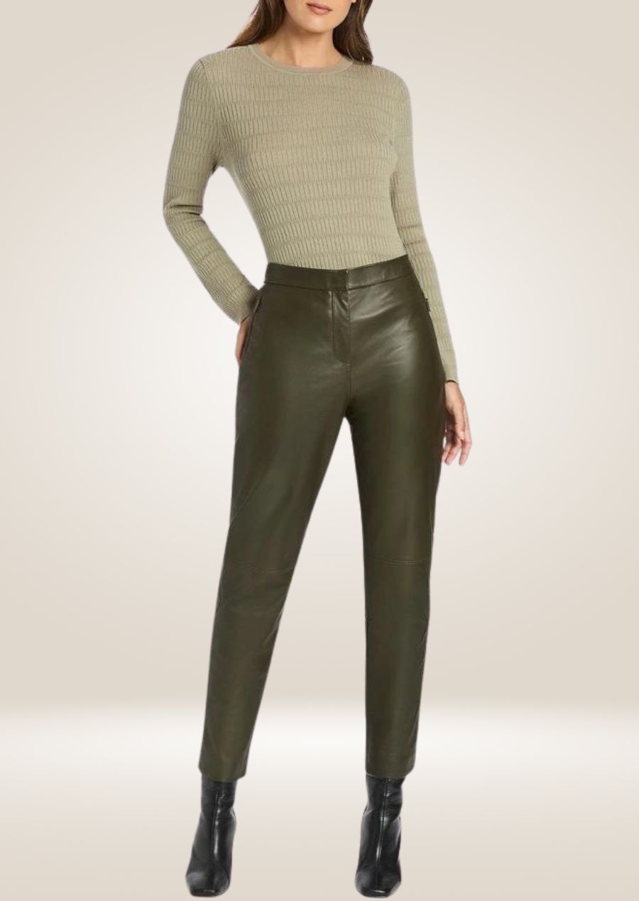 Stylish Olive Green Leather Pants for Women front