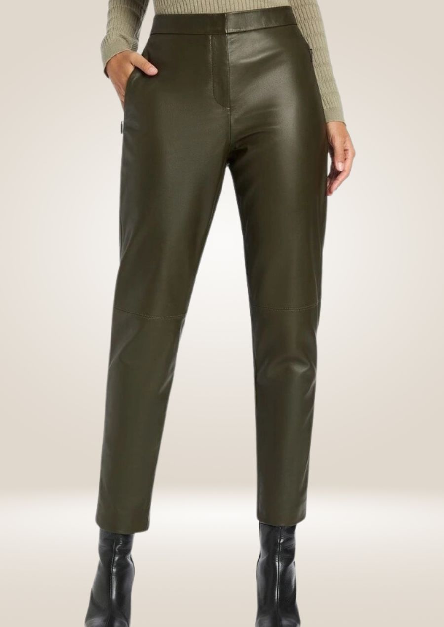 Stylish Olive Green Leather Pants for Women front