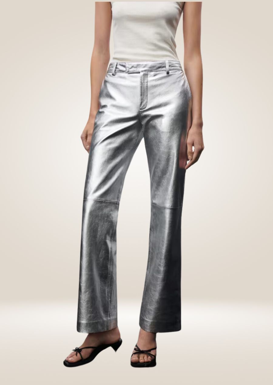 Metallic Silver Leather Pants for Women