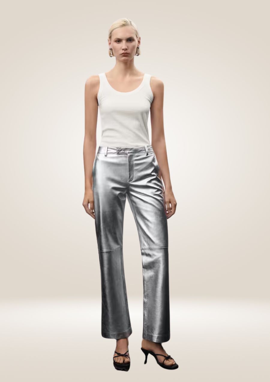 Metallic Silver Leather Pants for Women