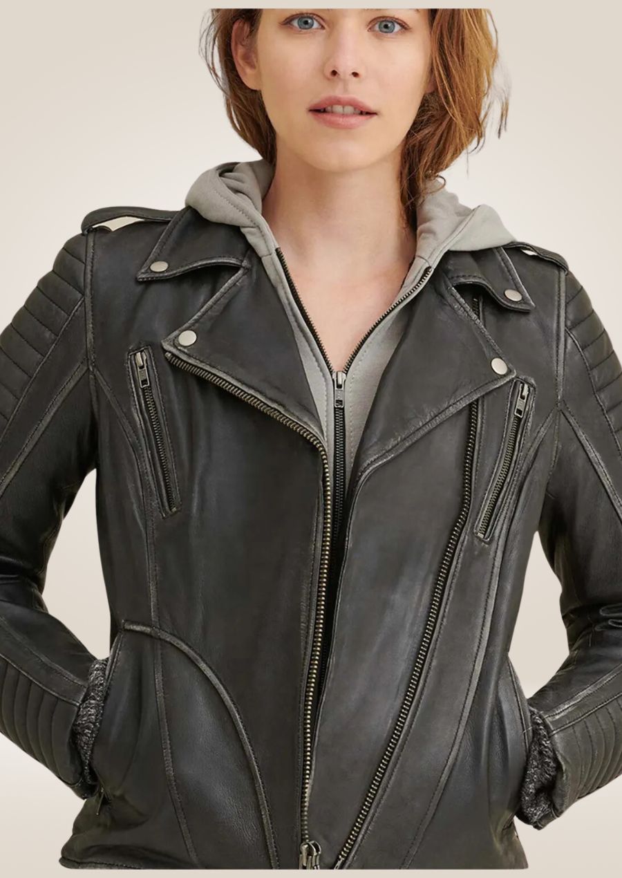 Veste de motard en cuir noir pour femme