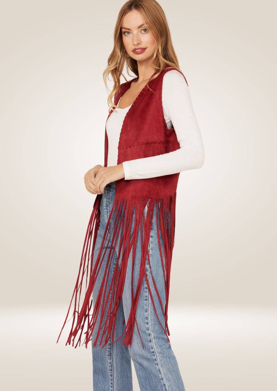 Red Long Fringe Leather Vest - Bold Western Flair