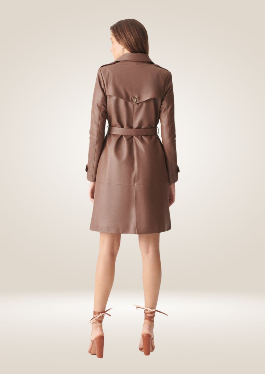 Back side of Women's Beige Leather Trench Coat