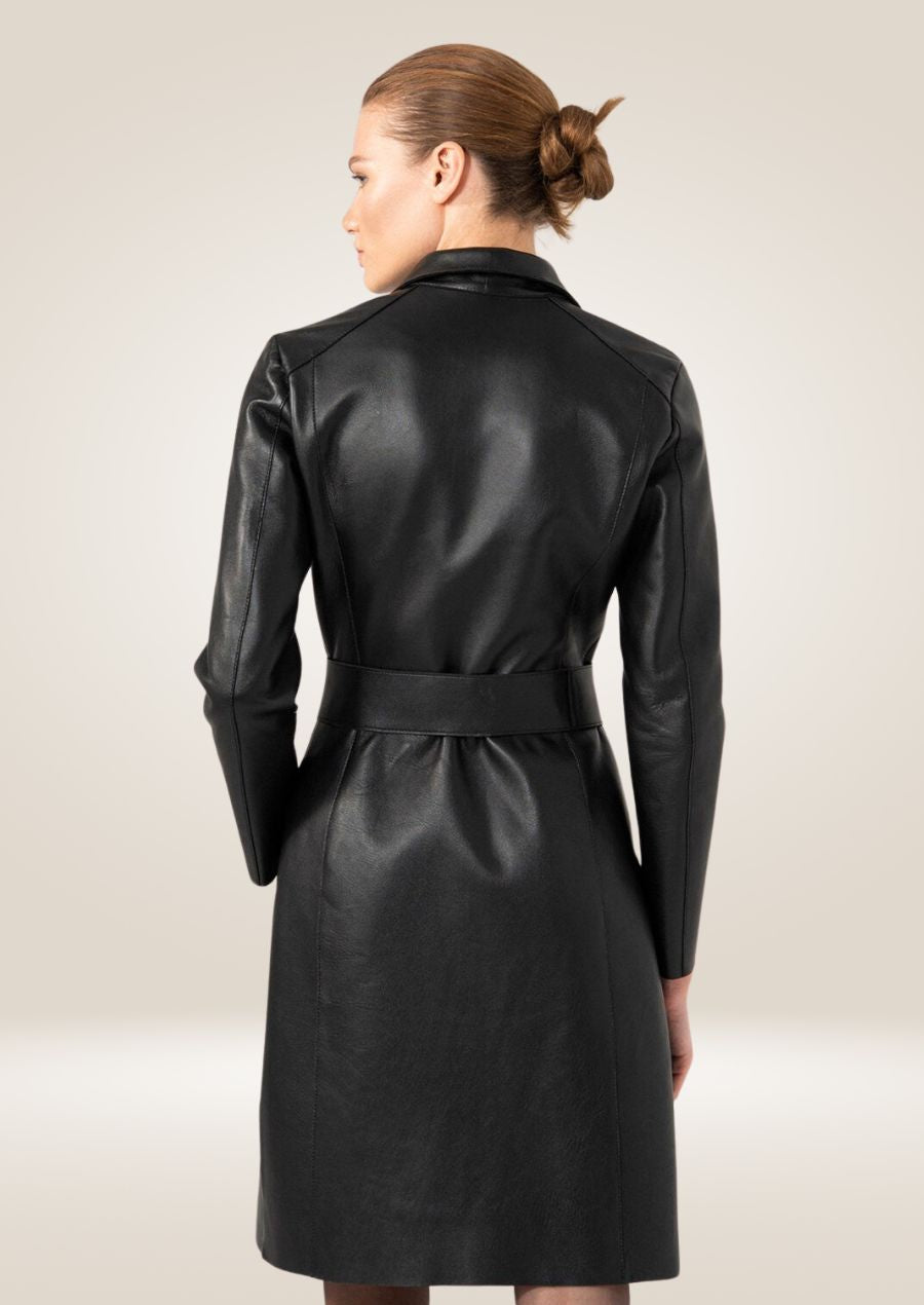 Women's Black Leather Trench Coat 