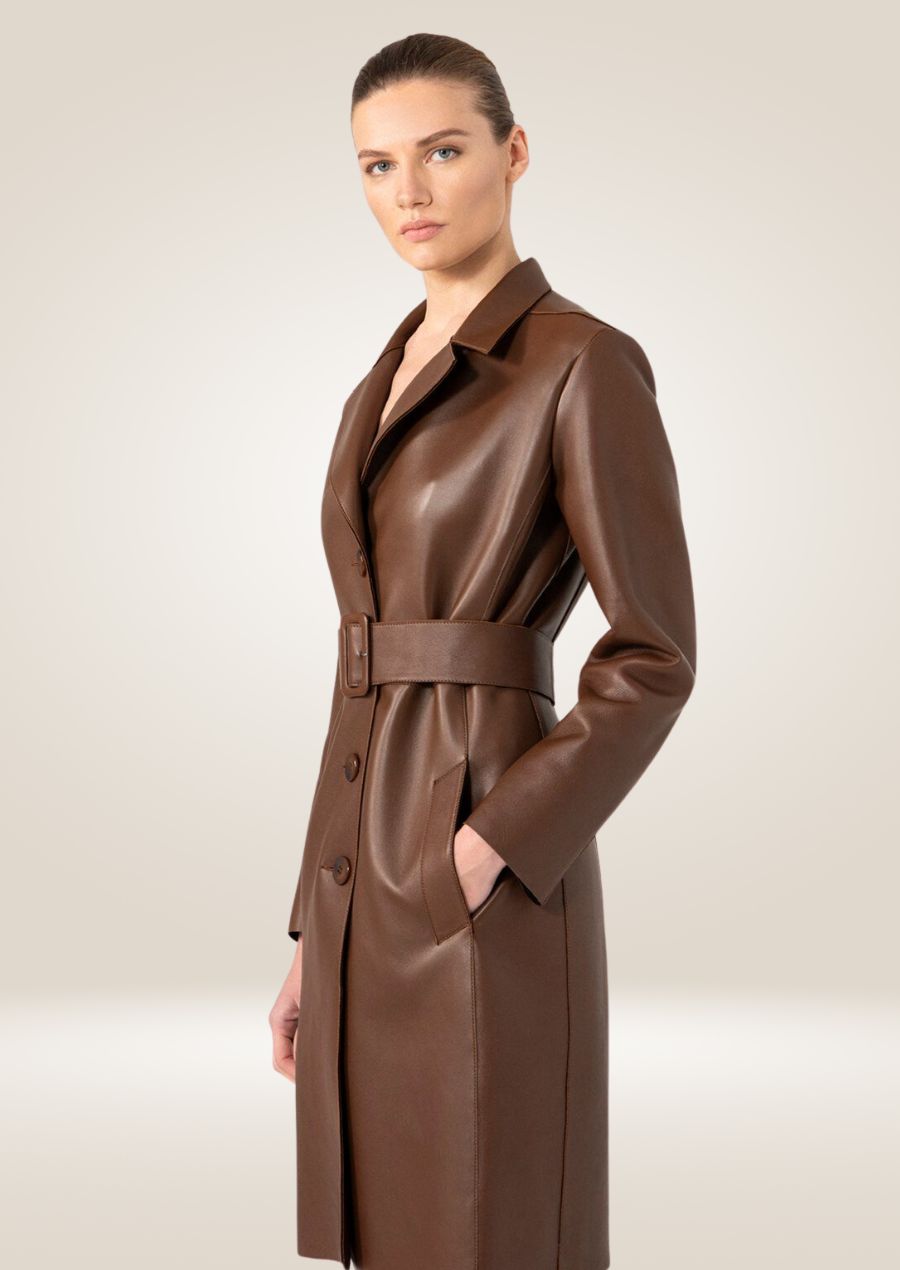 side pose of Women's Brown Leather Trench Coat 