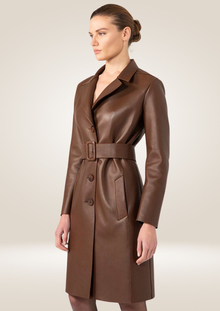 side view of Women's Brown Leather Trench Coat 