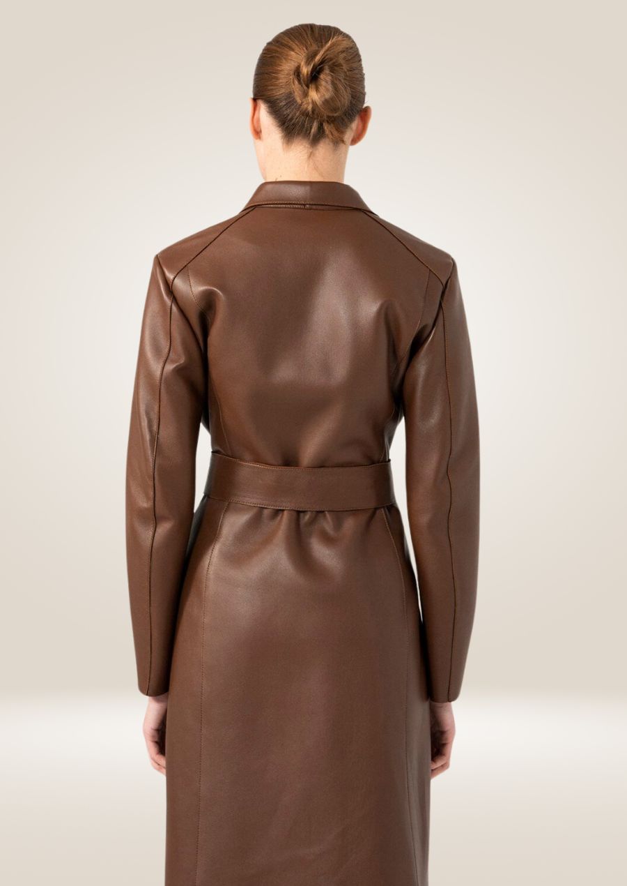 back side of Women's Brown Leather Trench Coat 