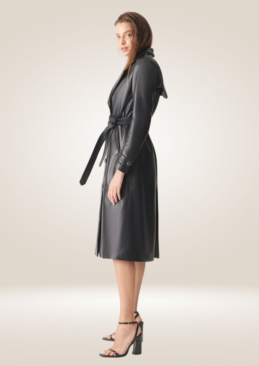 side pose of Women's Black Leather Trench Coat