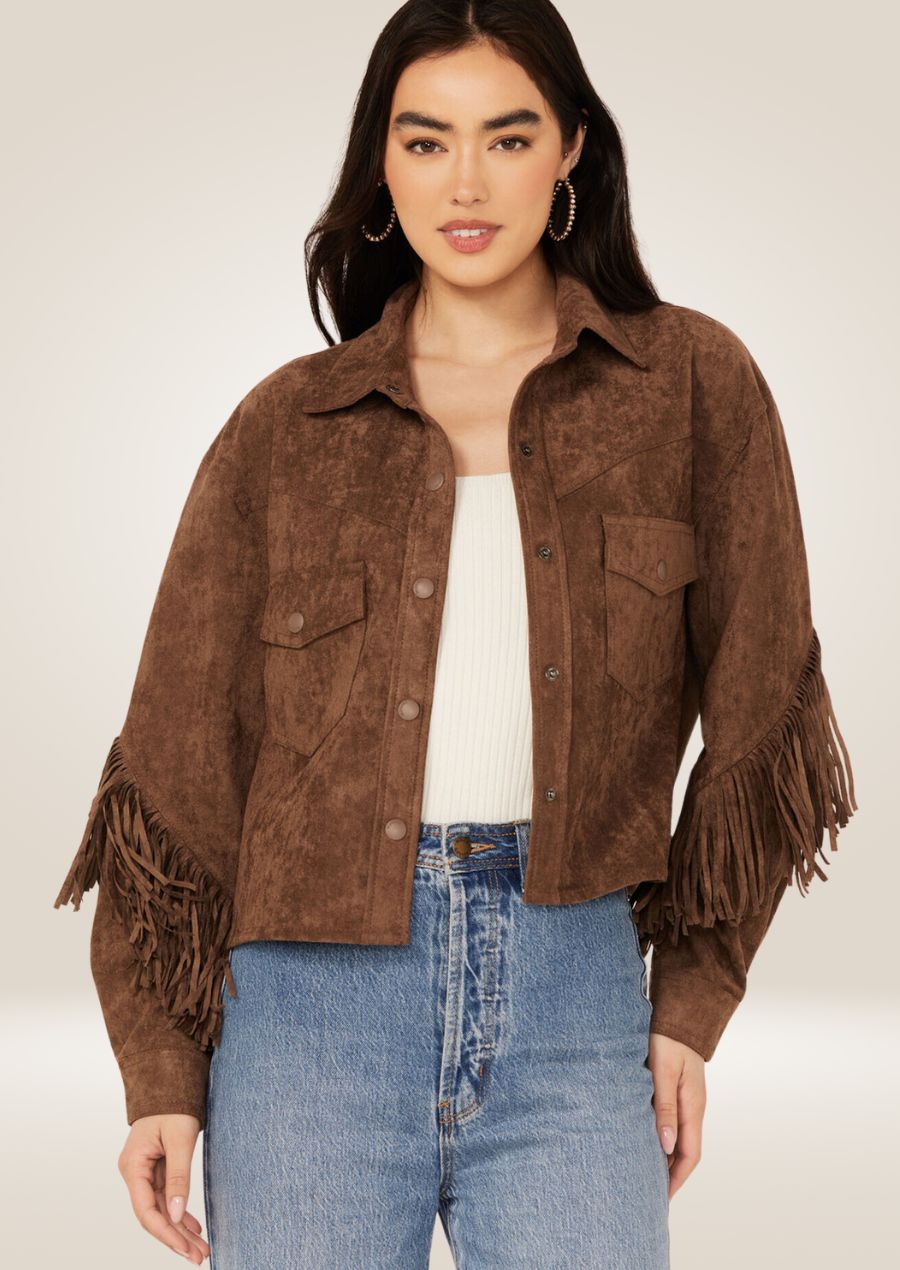 Veste en daim marron chocolat à franges pour femme