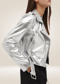 side view of Women’s Grey Silver Metallic Leather Jacket