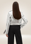 backside of Women’s Grey Silver Metallic Leather Jacket