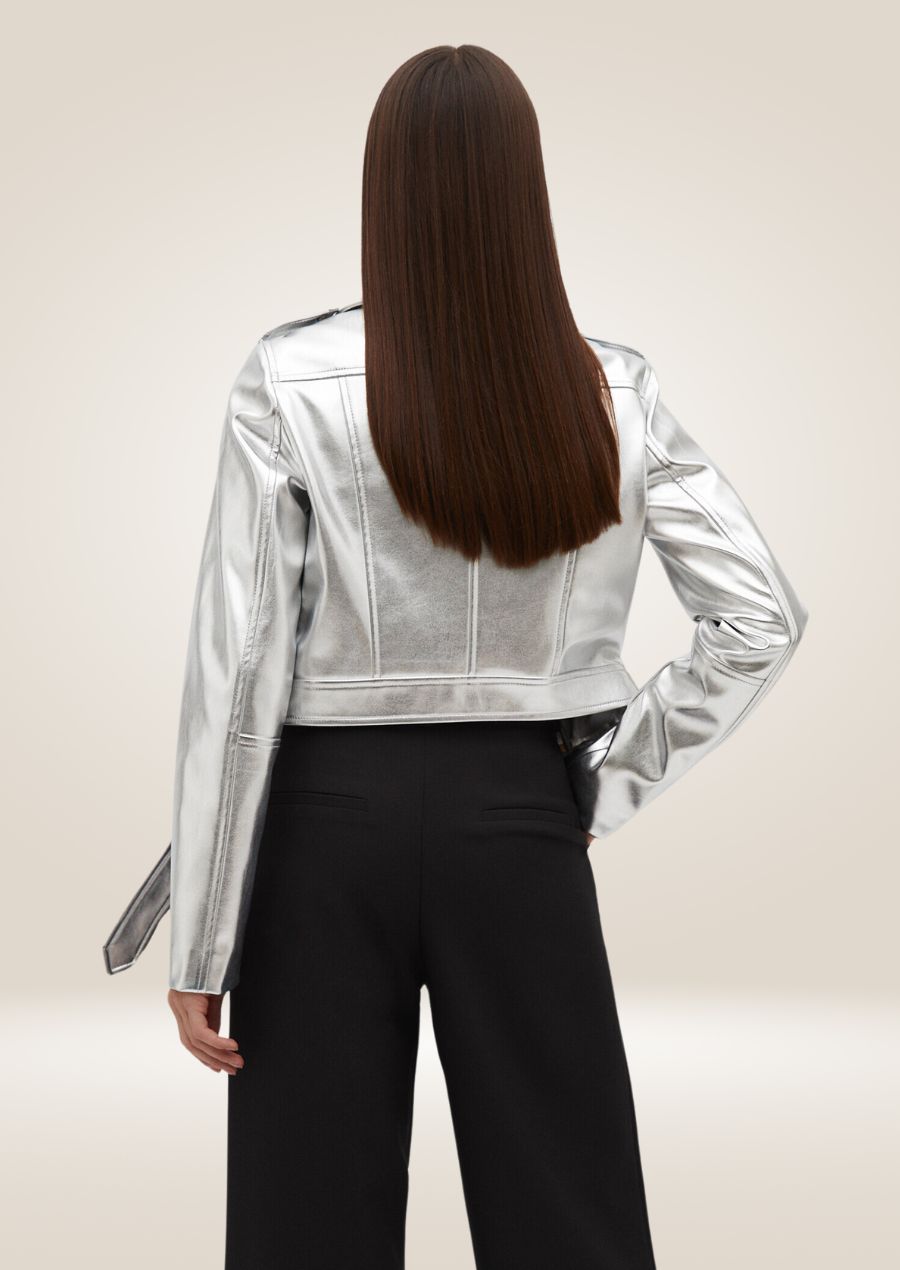 backside of Women’s Grey Silver Metallic Leather Jacket